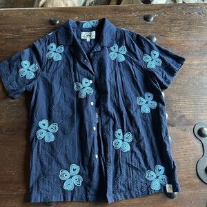 Free Planet Dark Blue Shirt with Teal Floral Accents